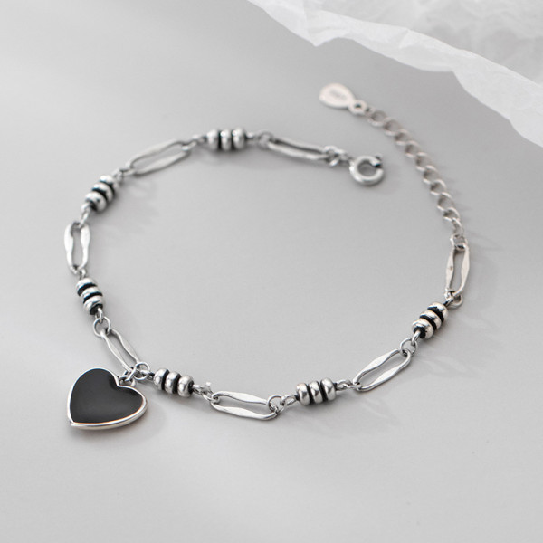 A34934 s925 sterling silver vintage black heart thai silver fashion unique bracelet