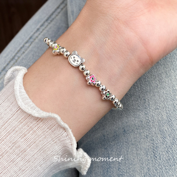 A43135 s925 silver bear flower charm trendy sweet cute bracelet