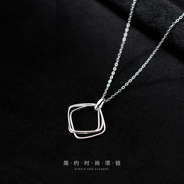 A32436 s925 sterling silver chic unique hollowed square pendant necklace