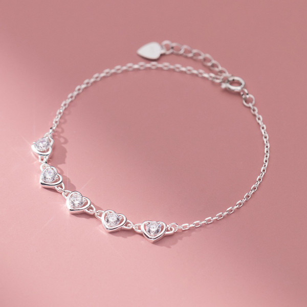 A41596 s925 sterling silver elegant sweet rhinestone heart charm bracelet