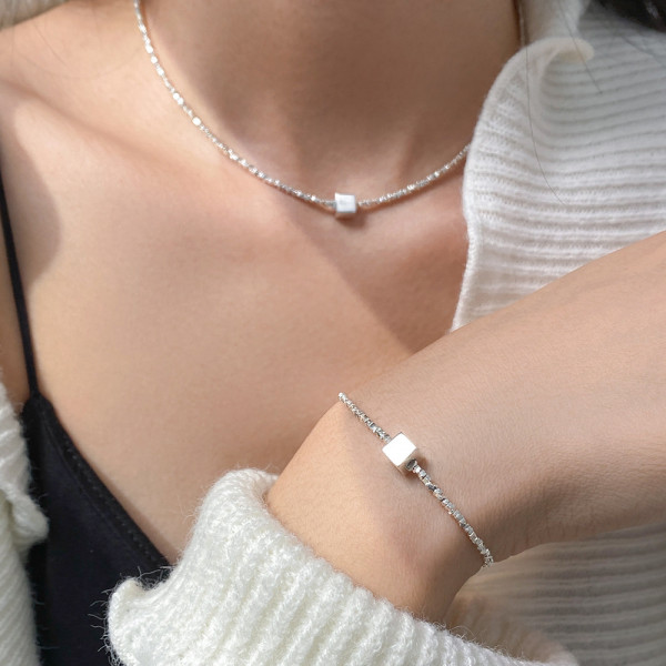 A44214 s925 silver dainty simple square necklace