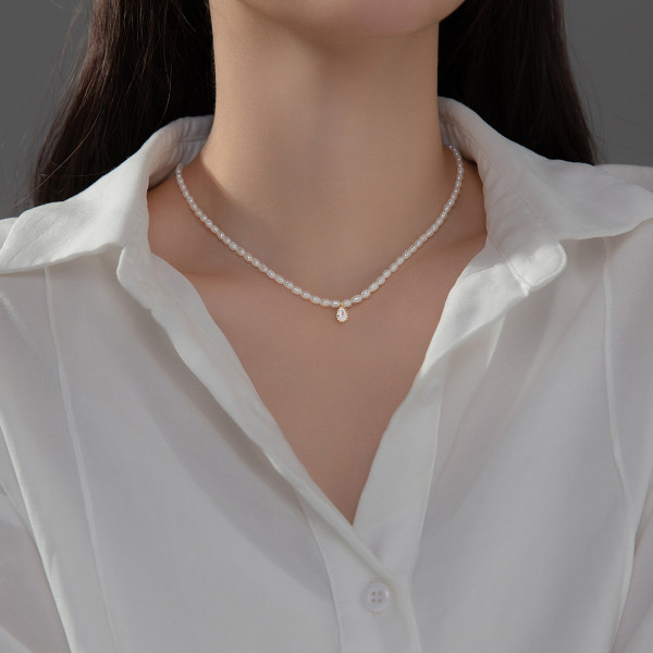 A35294 s925 sterling silver pearl teardrop rhinestone necklace