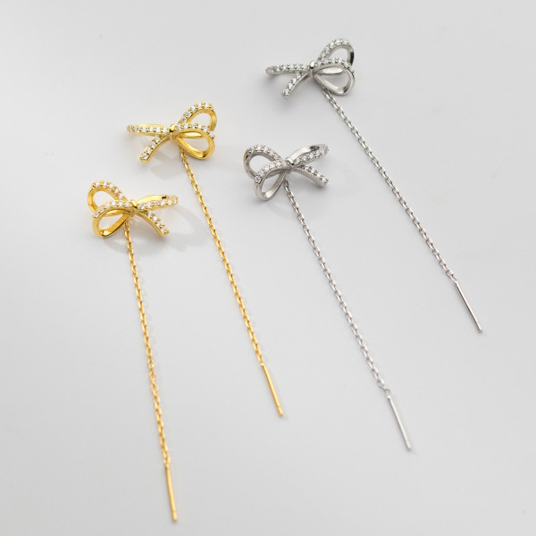 A38446 s925 sterling silver rhinestone butterfly fringe string sweet elegant earrings