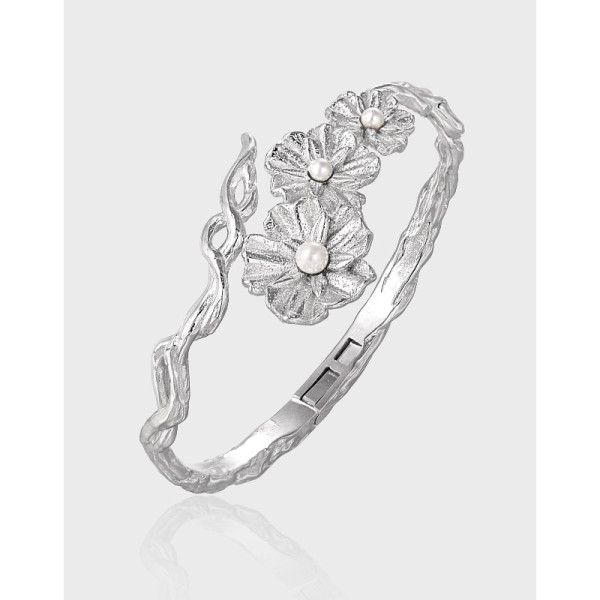 A40284 vintage elegant pearl flower s925 sterling silver adjustable bangle bracelet