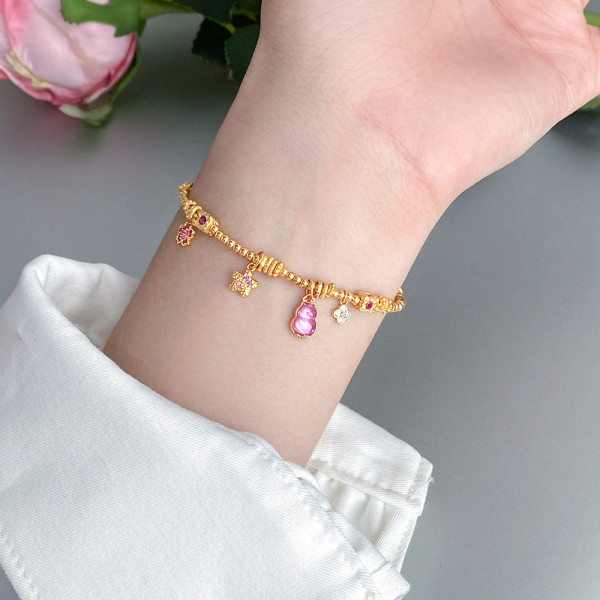 A46325 s925 silver dainty natural tourmaline rhinestone flower square charm bracelet