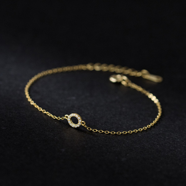 A37186 s925 sterling silver simple rhinestone circle gold charm bracelet