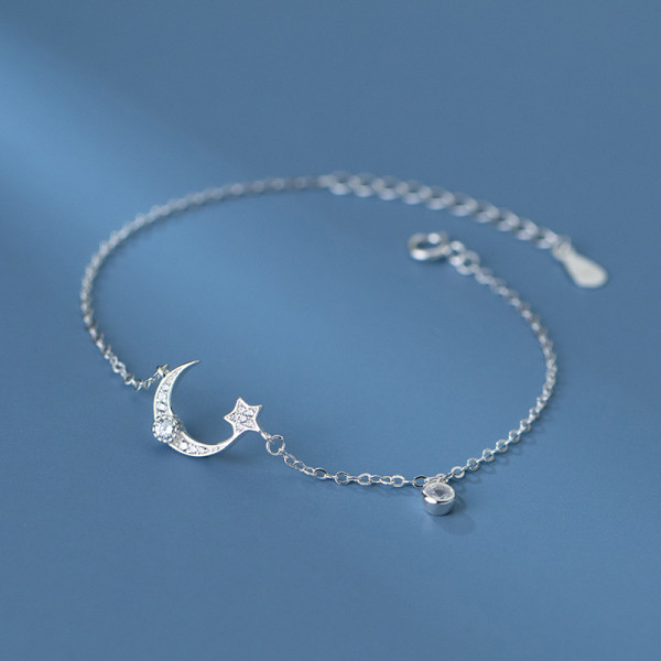 A34957 s925 sterling silver sparkling stars moon charm bracelet