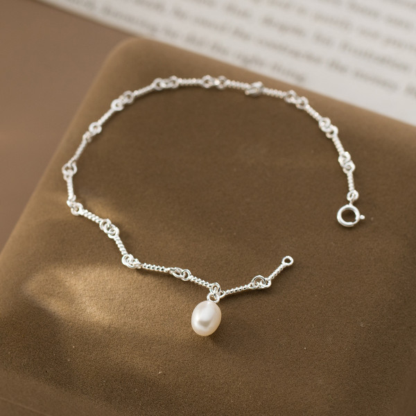 A45526 s925 sterling silver vintage pearl dainty twist charm bracelet