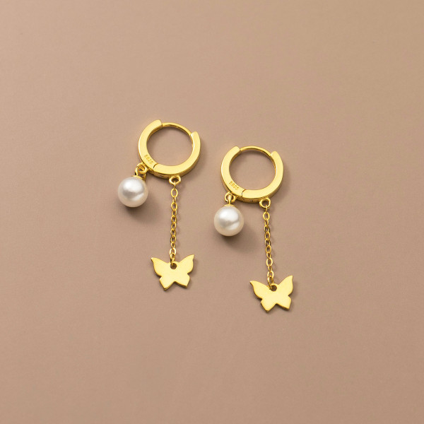 A42679 s925 silver artificial pearl butterfly fringe sweet earrings