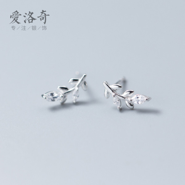 A40668 s925 silver simple rhinestone tree stud earrings leaf sweet earrings