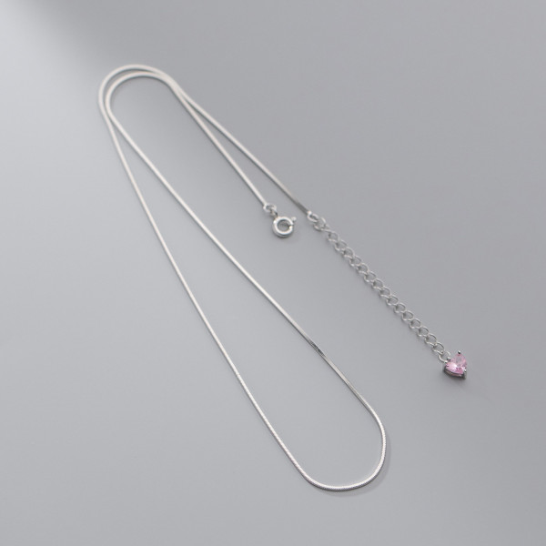 A38232 s925 sterling silver heart pink rhinestone sweet elegant necklace