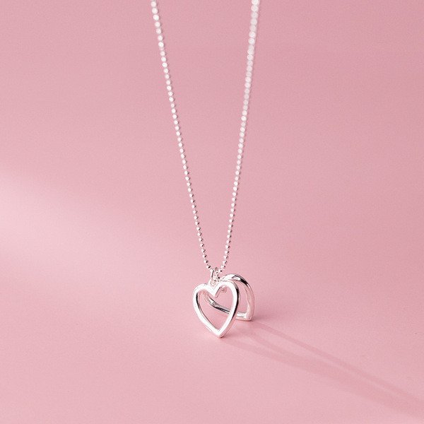 A34095 s925 sterling silver double heart hollowed necklace