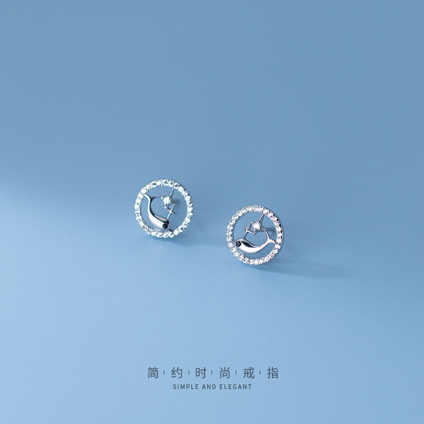 A33827 s925 sterling silver trendy simple rhinestone circle dolphin sweet chic earrings