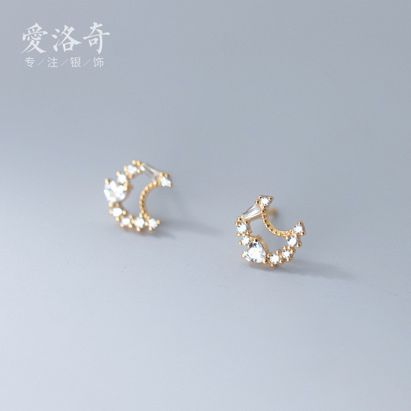 A32213 s925 sterling silver trendy hollowed rhinestone heart moon earrings