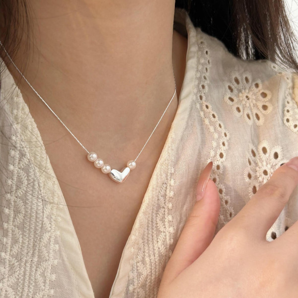 A42727 sterling silver pearl heart simple elegant necklace