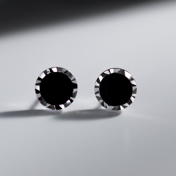 A43690 s925 silver circle artificial black agate stud earrings