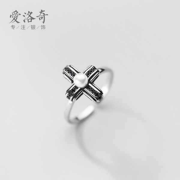 A32090 s925 sterling silver silver pearl cross chic ring