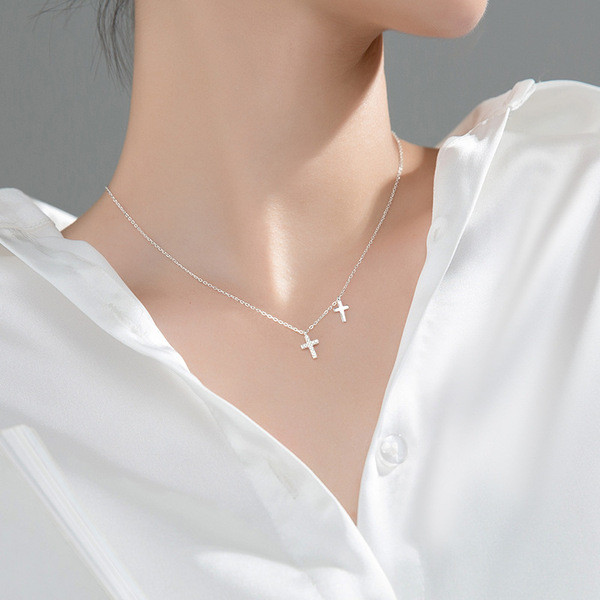 A34581 s925 sterling silver simple chic double cross necklace