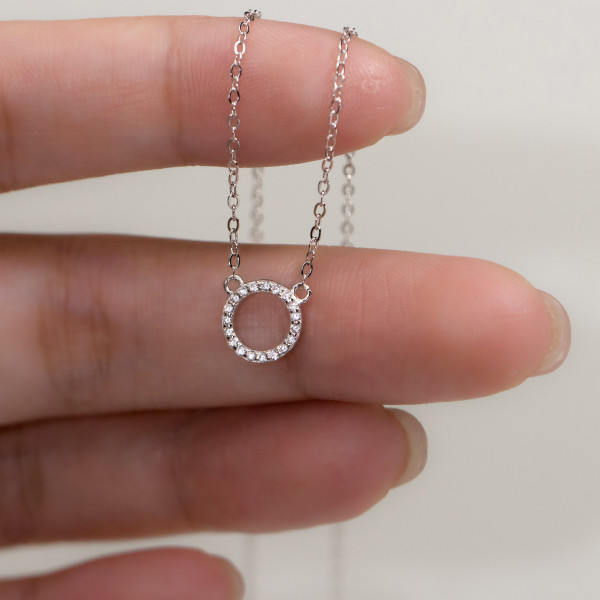 A39127 s925 silver simple rhinestone circle geometric trendy necklace