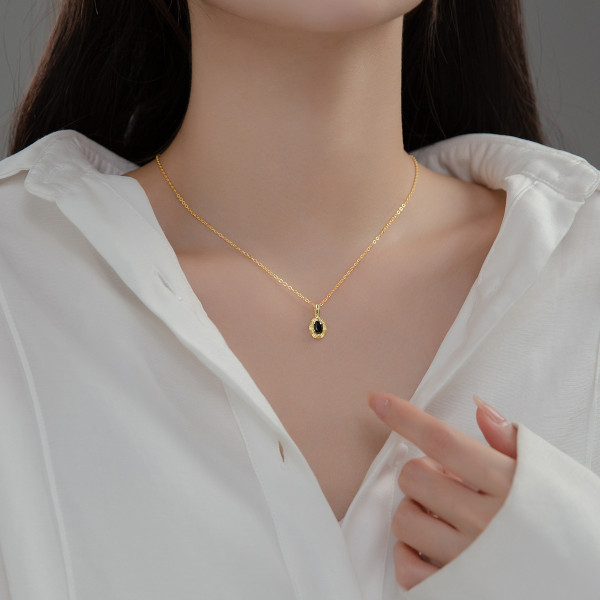 A35278 s925 sterling silver chic simple oval geometric black rhinestone unique necklace