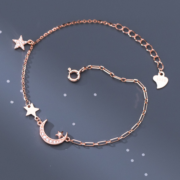 A42472 s925 sterling silver rhinestone stars moon charm sweet trendy bracelet