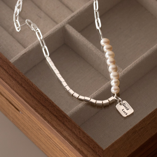 A39046 s925 silver letter pearl simple elegant necklace