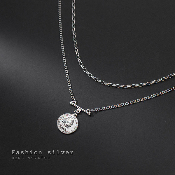 A32449 s925 sterling silver doublelayer vintage unique chic necklace