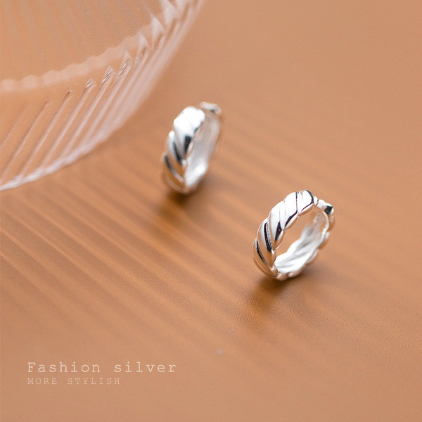 A31617 s925 sterling silver clipon piercing simple stripes unique circle earrings