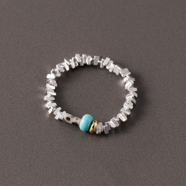 A44621 s925 silver beaded stretchy rope elastic artificial turquoise ring