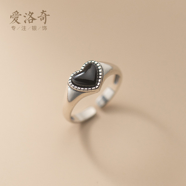 A32105 s925 sterling silver chic silver black agate adjustable ring