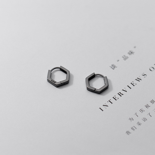 A33890 s925 sterling silver black hexagon simple geometric earrings