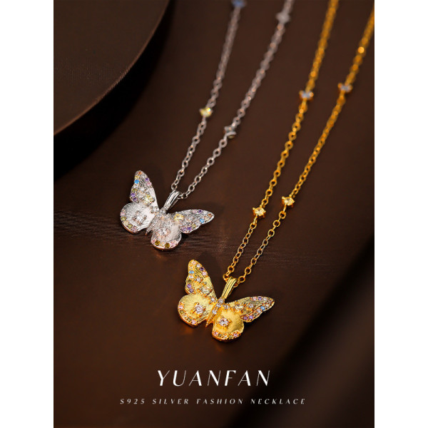 A40254 sterling silver vintage colorful cubic zirconia butterfly elegant necklace