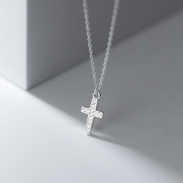 A31256 s925 sterling silver cute rhinestone cross necklace