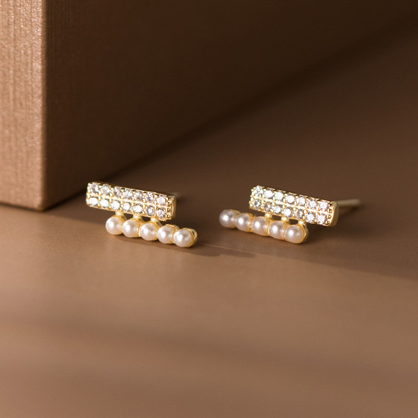 A38445 s925 sterling silver artificial pearl rhinestone double stud simple elegant earrings