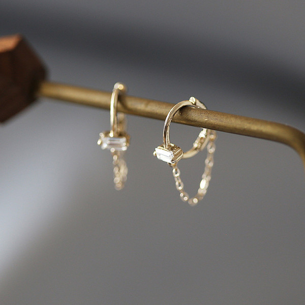 A41371 s925 silver chain bar square rhinestone geometric elegant vintage earrings