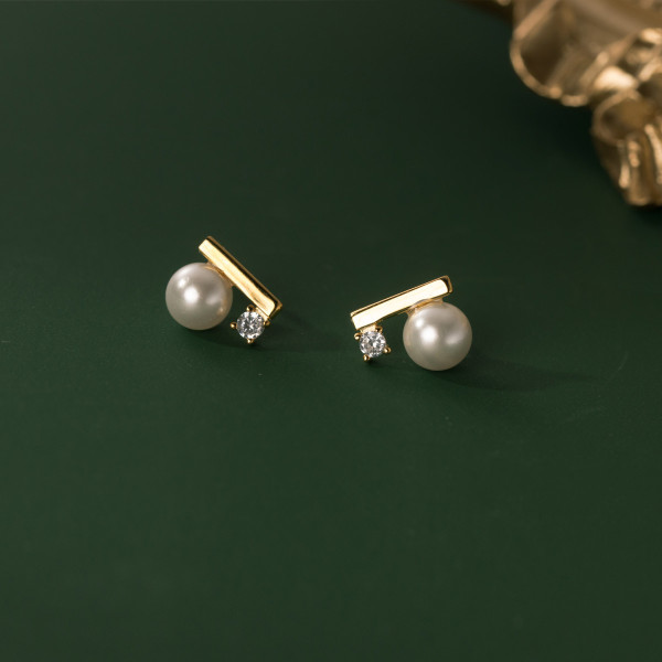 A39006 s925 silver wood cute rhinestone artificial pearl stud earrings