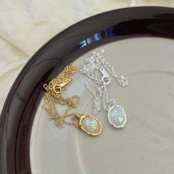 A38709 sterling silver opal simple necklace