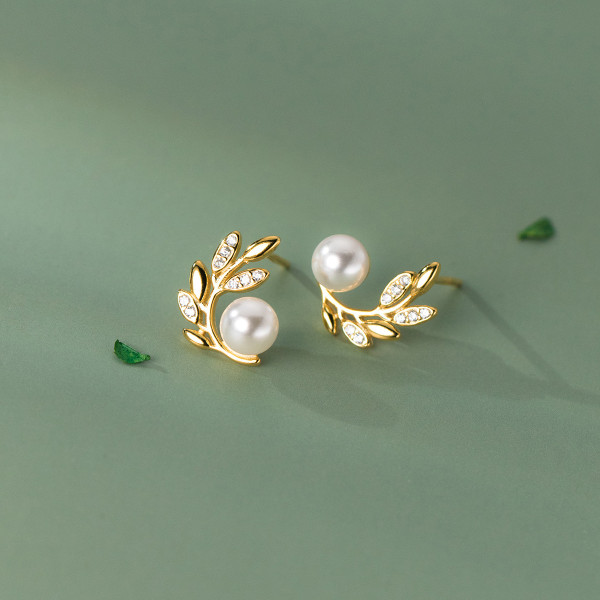 A38244 s925 sterling silver artificial pearl rhinestone tree leaf stud design elegant earrings