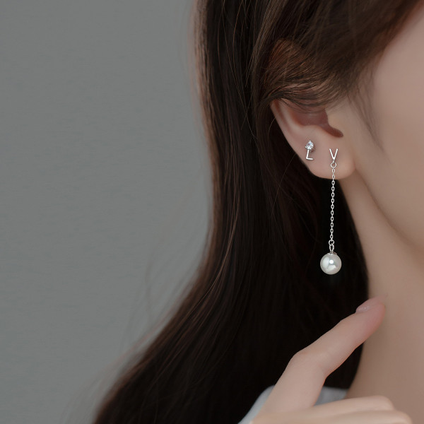 A35468 s925 sterling silver rhinestone letterLOVE pearl asymmetric long dangle earring earrings