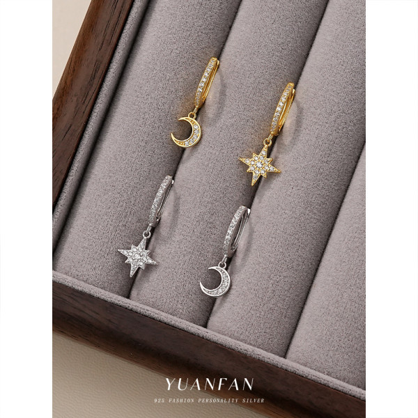 A43919 s925 sterling silver moon stars rhinestone symmetric hoop trendy earrings