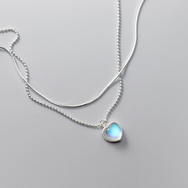 A36888 s925 sterling silver simple heartshape glass doublelayer necklace