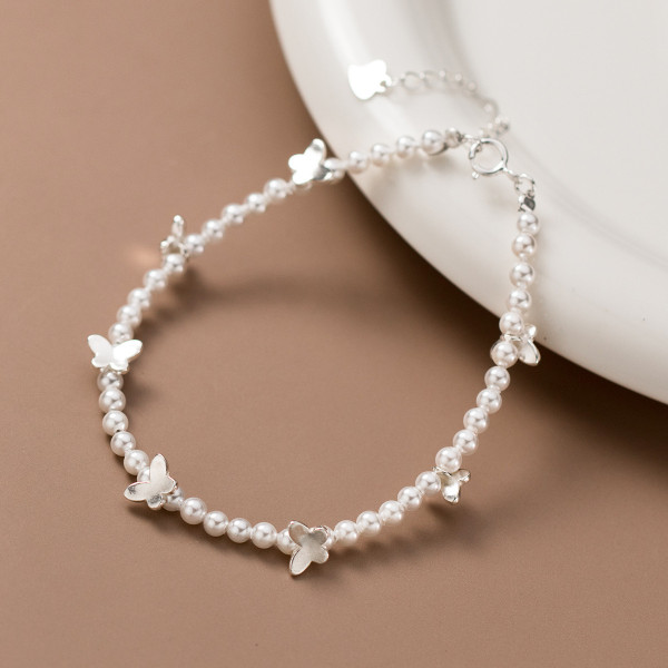 A43522 s925 silver trendy sweet unique butterfly pearl charm bracelet