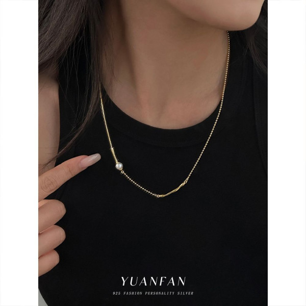 A43060 s925 sterling silver design pearl fashion grade gold metal necklace