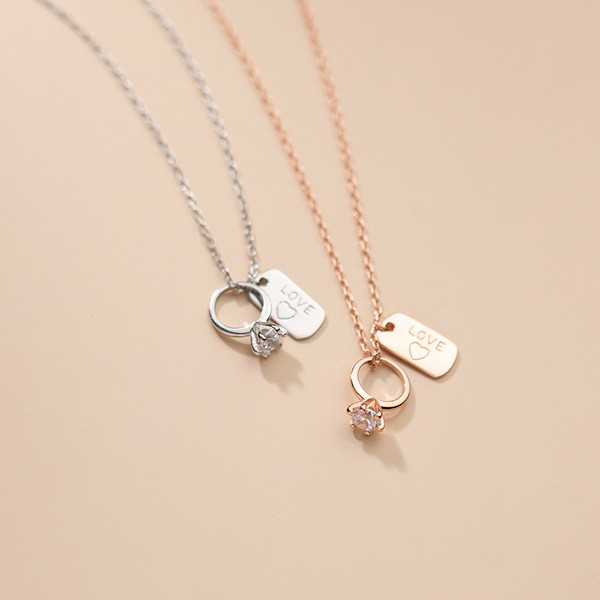 A32457 s925 sterling silver chic rhinestone ring pendantLOVE necklace