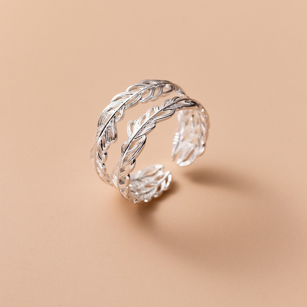 A39310 s925 sterling silver double layered leaf adjustable dainty elegant ring