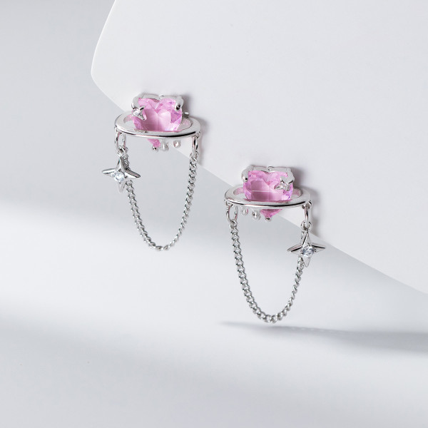 A41760 s925 sterling silver pink heart chain bar stud rhinestone earrings