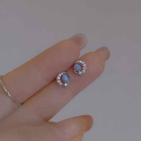 A44875 s925 sterling silver cute elegant rhinestone stars moon cateye stud earrings