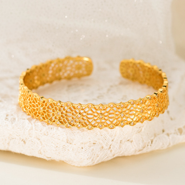 A45538 s925 sterling silver sweet starts rhinestone hollowed lace bangle bracelet