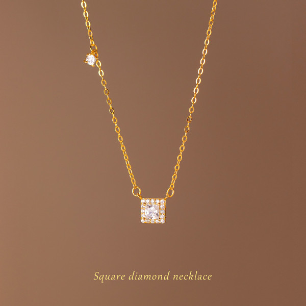 A42703 s925 sterling silver square rhinestone simple elegant necklace