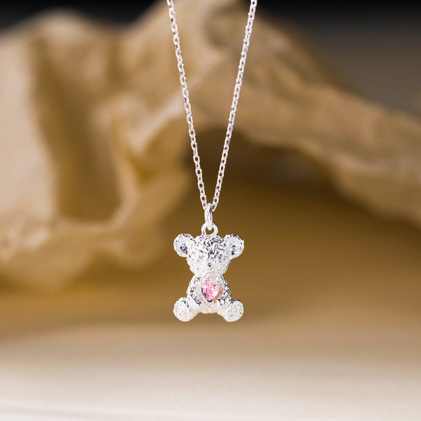 A44372 s925 silver trendy sweet cute elegant pink rhinestone bear pendant necklace